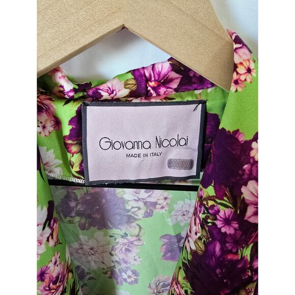 Giovanna Nicolai Green Purple Floral Satin Wrap Tie Top Blouse Sz 46/L - Picture 5 of 6